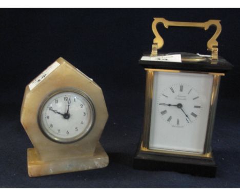 Brass carriage clock marked 'Swansea Goldsmiths', together with an Art Deco design geometric marble finish mantel clock. (2)(