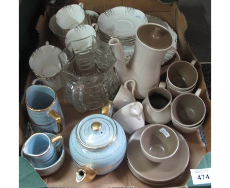 Box of assorted china to include; Royal Albert Crown china teaware, Poole pottery part teaware, glass vase etc.(B.P. 24% incl