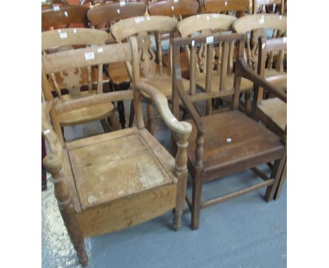 19th Century oak stick back open armchair, together with a 19th Century oak bar back open arm commode chair. (2)(B.P. 24% inc