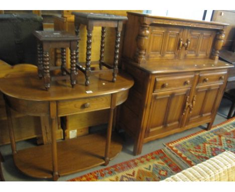 Elm Ercol court cupboard, together with an elm Ercol D ended single drawer console table with under tier, gold labels. (B.P. 