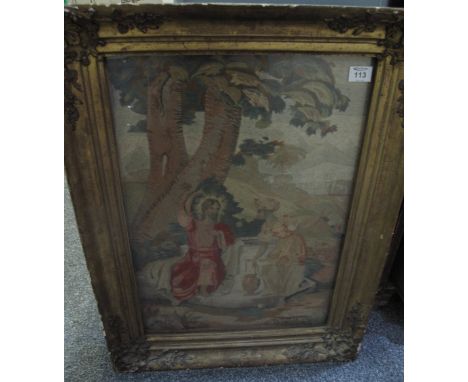 19th Century needlepoint woolwork panel, ecclesiastical scene with Jesus Christ and female figure, 62 x 43cm approx. Glazed w