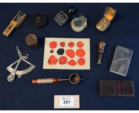 A collection of vintage and antique writing accessories to include; a collection of wax seals on cardboard including those of