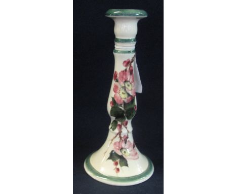 19th Century Llanelly pottery Shufflebotham single candlestick with tea roses and leaves, black printed marks to base Llanell