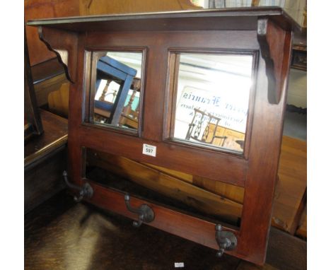 20th Century mahogany mirrored wall shelf with coat hooks. (B.P. 24% incl. VAT)