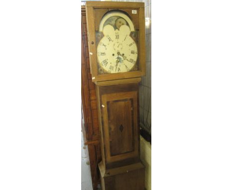 Oak two train longcase clock the face with painted moon figures and marine decoration. (B.P. 24% incl. VAT)