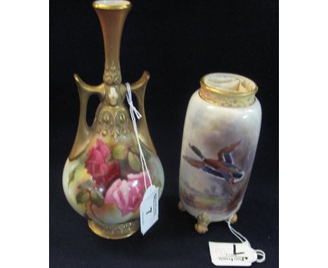 Royal Worcester porcelain two handled and gilded rose vase, shape no. 305, signed by Bray. Together with another Royal Worces