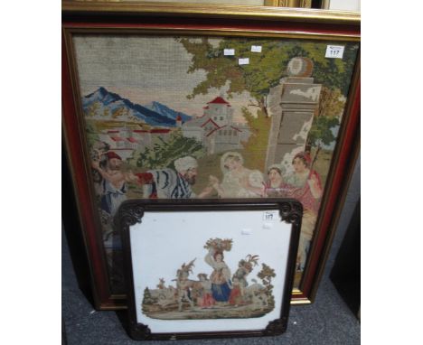 Large framed Berlin woolwork panel with Eastern figural group, 78 x 60cm approx. Together with another similar in mahogany fr