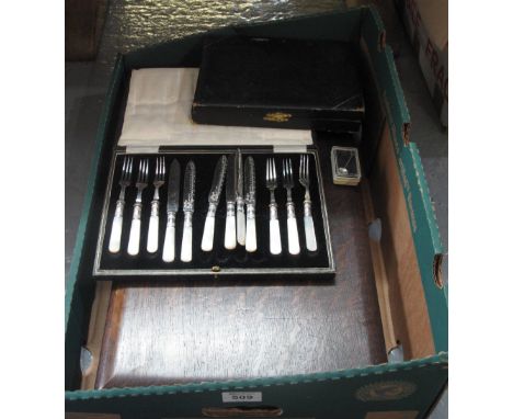 Box of assorted items to include; presentation trowel in original box, cased mother of pearl silver plated fish knives and fo