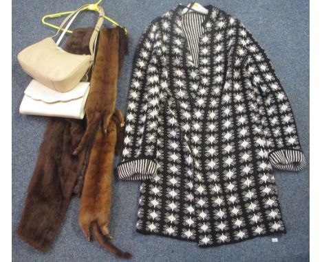 Collection of vintage fashion items to include; a long knitted black and white geometric design cardigan by 'Cocogio, Made in