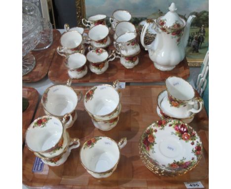 Two trays of Royal Albert Old Country Roses fine bone china teaware to include; teacups, saucers, teapot, milk jug, sucrier. 