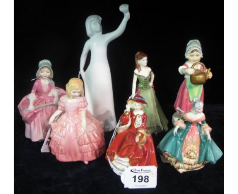 Five Royal Doulton figurines to include; 'Top O' the Hill' HN3734, 'Southern Belle' HN3244, 'Rose' HN1368, 'Bo Peep' HN1811 a