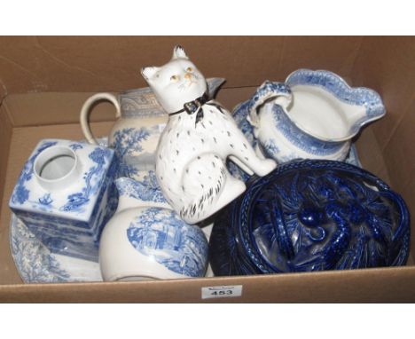 Box of assorted china to include; Portmeirion game dish, Ringtons blue and white tea caddy, 19th Century blue and white plate