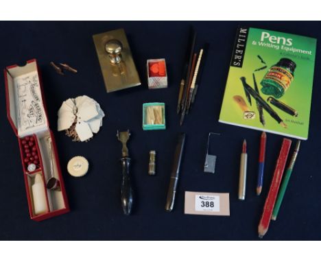 Collection of vintage and antique writing accessories to include; a cardboard box of quill pen nibs by J.C & S Music London, 