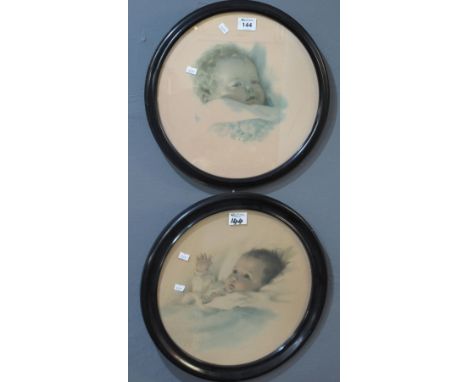 After Bessie Pese, two studies of babies, coloured prints. 34cm diameter approx, framed. (2) (B.P. 24% incl. VAT)