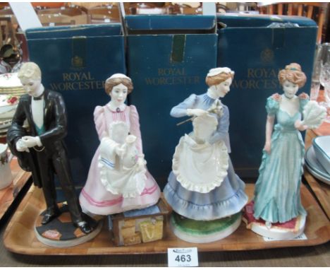 Four Royal Worcester figurines to include: 'The gentleman of the house', 'The lady of the house', 'The chambermaid', and 'The