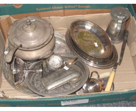 Box of assorted silver plate, various to include; tureen and ladle, trays, bon-bon dish etc. (B.P. 24% incl. VAT)