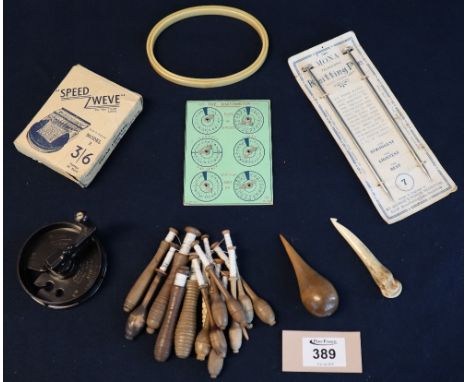 Collection of vintage and antique sewing accessories to include; 'The Knitometer Sewing guide', a bag of lace bobbins (one bo