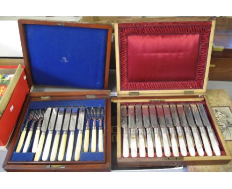 Two mahogany cased silver plated fish knife and fork sets, one with mother of pearl handles. (B.P. 24% incl. VAT)