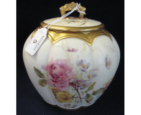 Royal Worcester porcelain melon shaped fluted jar and cover, printed puce marks and shape no. 1412 to the base, decorated wit