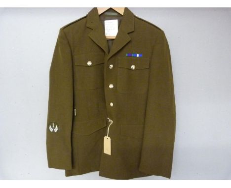 British Army dress uniform khaki green jacket with label penned "Taylor Waterloo 25128994" with staybrite horse and Prince of