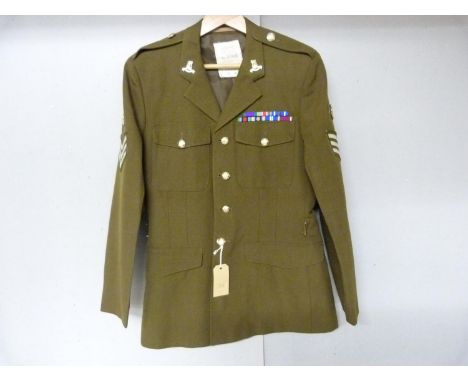 British Army dress uniform khaki green jacket with label penned "Chantler 24851449" having Army Pay Corps collar badges, LB a