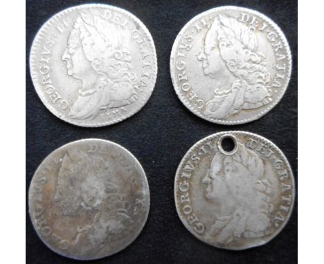 United Kingdom. (4) Sixpence. George II. 1746 LIMA. NF.; 1757. NF.; 1757. Good. Another, 1758, pierced. 