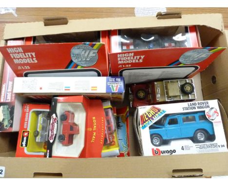 Large box of various Land Rovers including Burago, Solido, 2 kits, Shire album etc. 