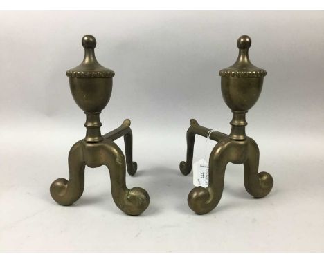 BRASS FIRE DOGS,along with brass fire companion tools and a brass lamp, also a pair of stemmed glass bon bon dishes