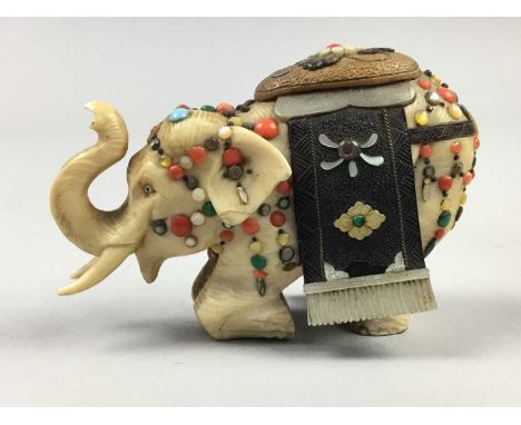 JAPANESE IVORY AND SHIBAYAMA MODEL OF KNEELING ELEPHANT,Meiji period, 7cm long, along with an early 20th century Japanese mod