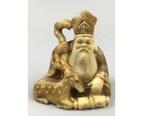 JAPANESE IVORY NETSUKE,Meiji period, depicting a seated priest with a deer, signed, 4cm high