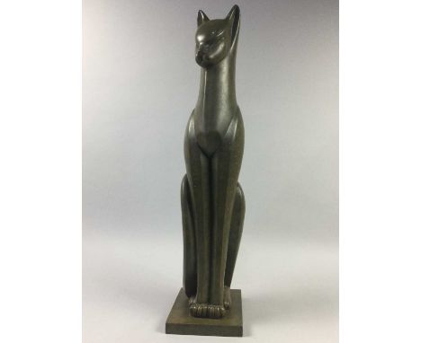 BRONZED COMPOSITION MODEL OF A STYLISED CAT,along with a collection of ceramic and composition cat models, glasses and pictur