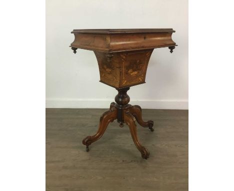 VICTORIAN INLAID WALNUT SEWING TABLE,with fitted interior and a pillar with cabriole supports, 49cm wide