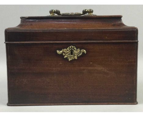 20TH CENTURY MAHOGANY TEA CADDY,25cm wide, along with a mahogany mantel clock 27cm high (2)
