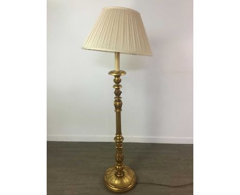 LACQUERED CHINOISERIE STANDARD LAMP,140cm high to sconce, along with another gilt wood standard lamp with shade (2)