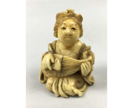 JAPANESE IVORY NETSUKE,Meiji period, modelled as a female playing a mandolin, signed, 3.5cm high