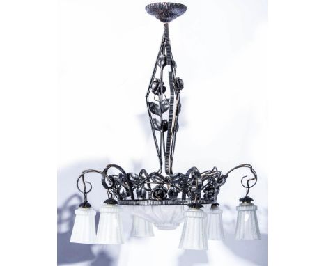 Art Deco metal hanging light, frosted glass bowl and shades, the drop approximately 89cm.