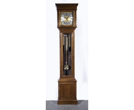 Modern eight day longcase clock with chime, 11" brass dial with Roman numeral chapter ring, stained mahogany finish case with