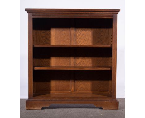 Old Charm oak open bookcase,  adjustable shelves, bracket feet, width 92cms.