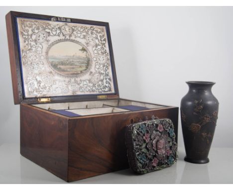 Walnut work box, lamp base, hanging light, Japanese vases, "Swarovski" bag etc.