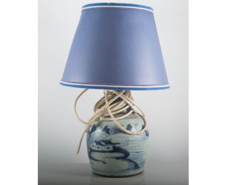 Chinese blue and white ginger jar base, converted to a lamp, with shade, height overall 43cm.