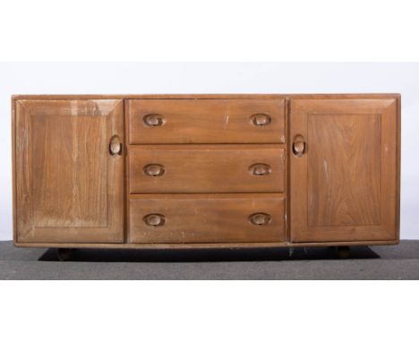 Ercol elm sideboard, fitted with three central drawers flanked by cupboards, length 156cms, (badly damaged - full refurbishme