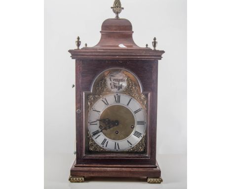 Victorian style mahogany bracket clock, pagoda top, arched brass dial with cast spandrels, silver chapter ring with Roman num