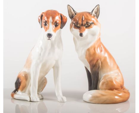 Royal Worcester model of a seated Hound, 19cms and a similar model of a Fox, (2).