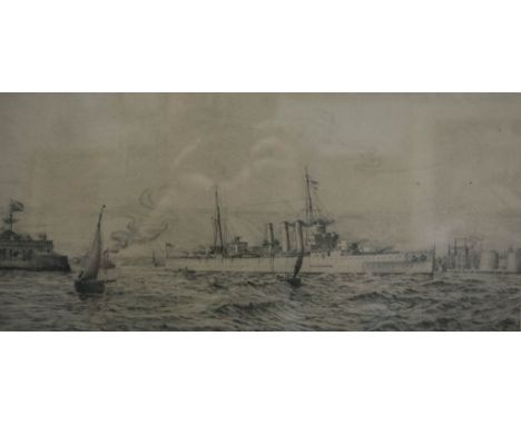 Harold Wyllie, HMS Sussex monochrome etching, 16.cm5 x 35.5cm.