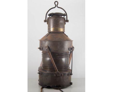 Anderson & Gyde ships lamp, copper warming pan, brass warming pan, (3).