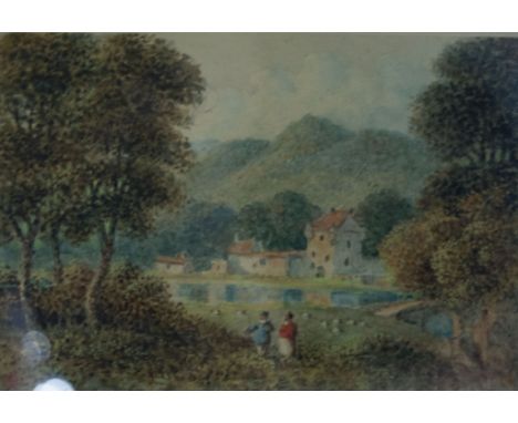 Monogramist K. O., Landscapes with figures, pair, both monogrammed, watercolours, 8.5cm x 2.5cm.