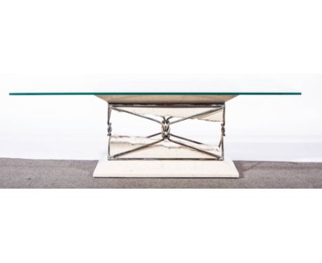 Contemporary coffee table, reconstituted marble and metal base, plate glass top, 120 x 120cms, and a matching lamp table, (2)