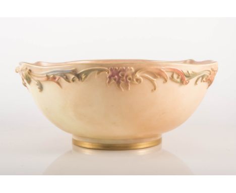 Royal Worcester rose bowl, slightly shaped, moulded and painted decoration with scallops and scrolls against a blush ground, 