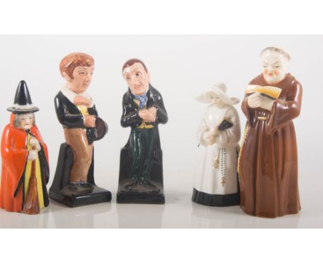 Three Royal Worcester porcelain extinguishers, Fryer 13cms, Nun and Witch, and two Royal Doulton Dickensware figures, David C