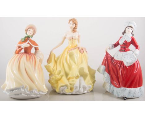 A Royal Worcester figure, "Charity", 20cms, another Royal Worcester figure, "Equestrienne", and four Royal Doulton ladies, (6